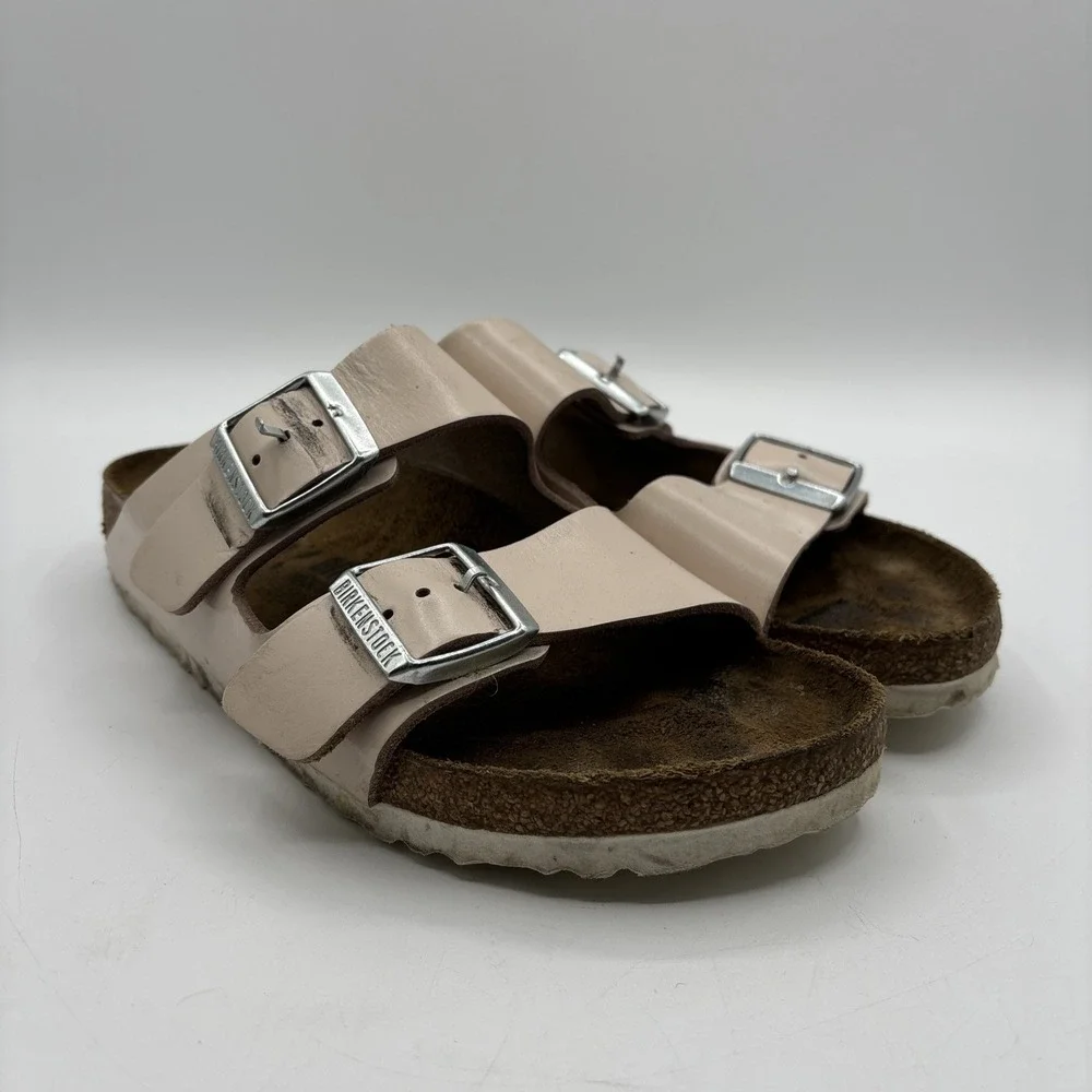 Birkenstock Arizona Birko Flor‎ Beige Nude Patent Sandals Women's Size 37 US 6